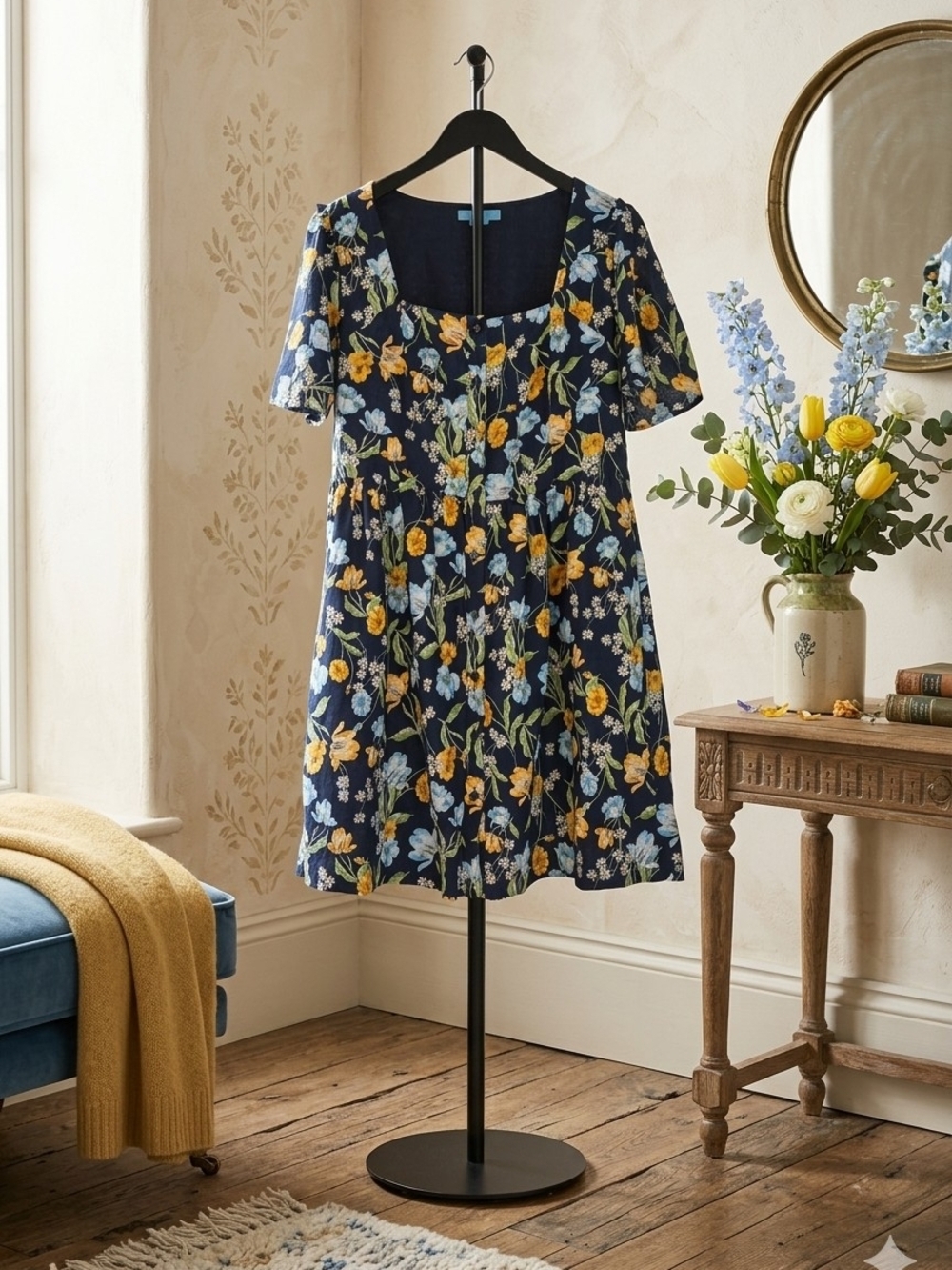 Draper James Floral Linen Square Neck Dress with Pockets Size 6 - Picture 2 of 16